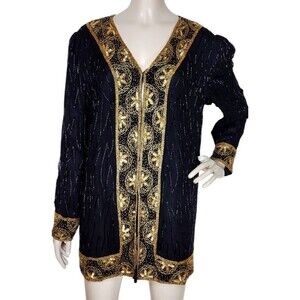Vintage 80s 90s Royal Feelings 100% Silk Gold Beaded Sequined Jacket Size L/XL